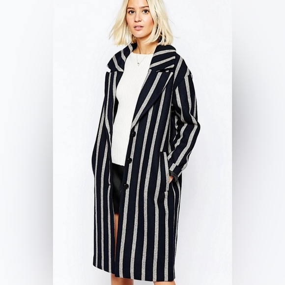 NWT SELECTED FEMME NWT Cocoana Oversized Wool Blend Stripe Coat Size Eu 38 - Picture 1 of 12